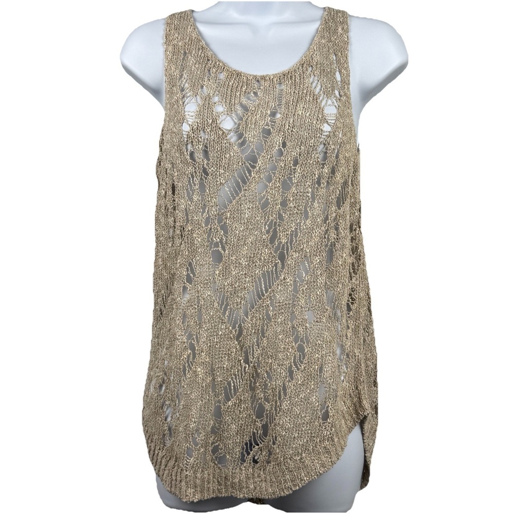 Eileen Fisher Tank Top S Beige Linen Blend Open‎ Knit Crochet Coastal Boho